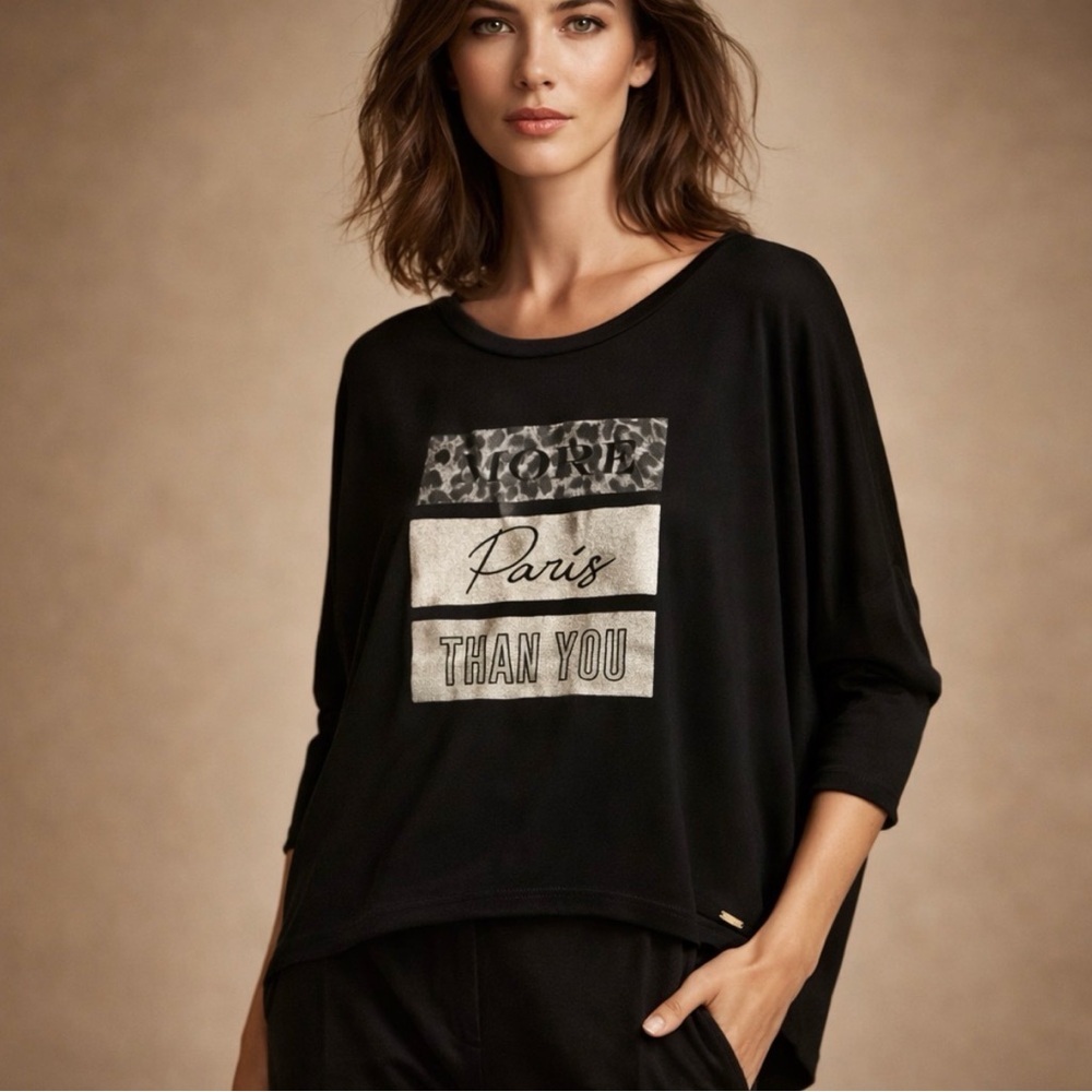 Lemon Black Paris Graphic Dolman Long Sleeve Oversized Top Size Medium